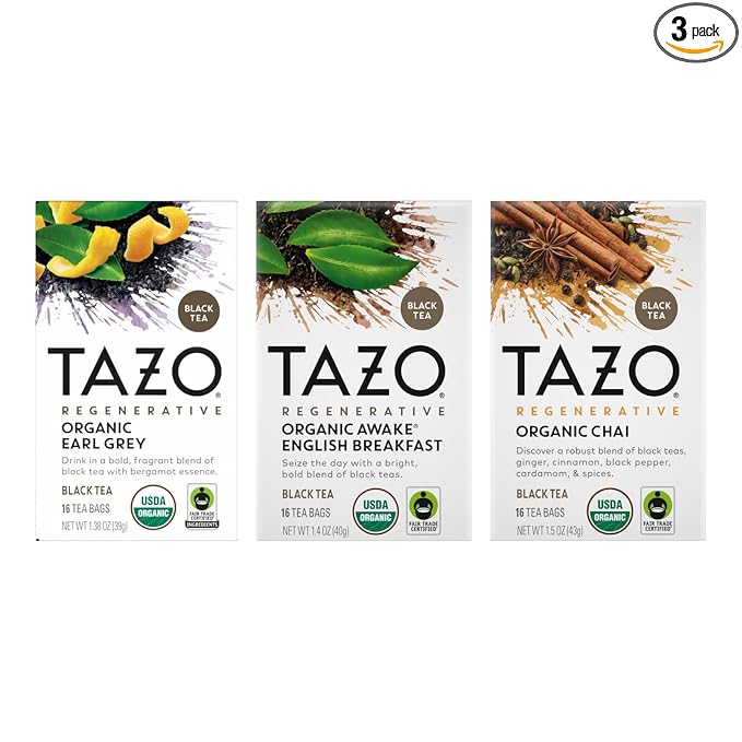 TAZO Tea Bags, Regenerative Organic: Chai Black Tea, Awake English Breakfast Black Tea, & Earl Grey Tea 16 CT (1ea) (Variety Pack)