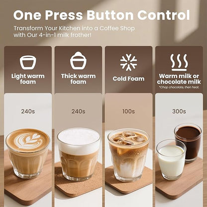 Detachable Milk Frother, 4 in 1 Milk Frother and Steamer Dishwasher Safe, Glass Frother 16.9oz Hot and Cold Foam Maker, Electric Milk Frother for Coffee, Latte, Hot Chocolate (Brushed)