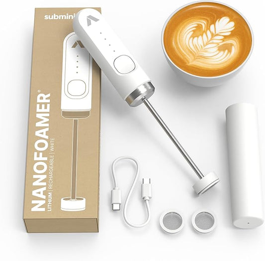 Subminimal Performance Milk Foamer - NanoFoamer Lithium Handheld Frother - Rechargeable, Dual-Speed - Microfoamed Milk in 30 Seconds, Barista-Style Coffee Drinks at Home - White Special Edition