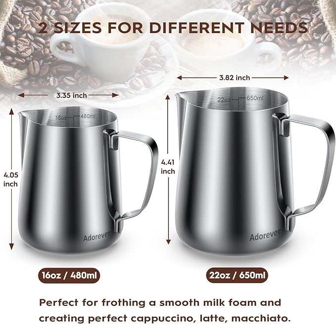 Adorever Milk Frothing Pitcher, 16oz 480ml Milk Frother Cup Stainless Steel Steaming Pitcher, Coffee Bar Cappuccino Espresso Machine Accessories Barista Tools, Steamer Cup Milk Jug with Latte Art Pen