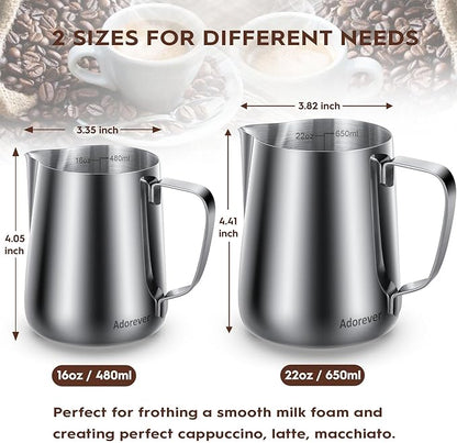 Adorever Milk Frothing Pitcher, 16oz 480ml Milk Frother Cup Stainless Steel Steaming Pitcher, Coffee Bar Cappuccino Espresso Machine Accessories Barista Tools, Steamer Cup Milk Jug with Latte Art Pen