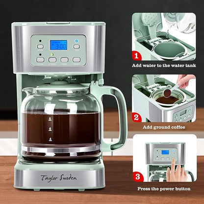 Taylor Swoden 12-Cup Programmable Coffee Maker, Regular & Strong Brew Drip Coffee Machine for Home and Office, Glass Carafe, Pause & Serve, Auto Shut Off, Green & Stainless Steel