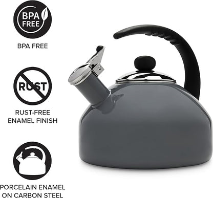 Farberware Omega Tea Kettle, Whistling Tea Pot, Works For All Stovetops, Porcelain Enamel on Carbon Steel, BPA-Free, Rust-Proof, Stay Cool Handle, 2.75 quart (11 cups) Capacity(Gray)
