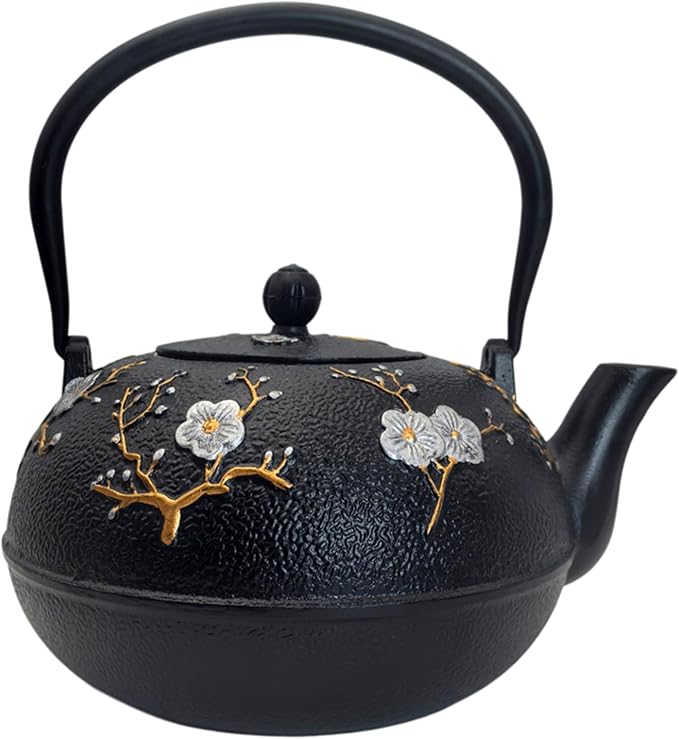 YJX 60.9oz Large Cast Iron Teapot for Stovetop, Japanese Tetsubin, Heavy and Durable Tea Pot, Tea Kettle with Stainless Steel Infuser for Loose Tea, Floral Pattern(1800ML)