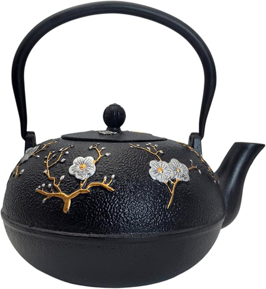 YJX 60.9oz Large Cast Iron Teapot for Stovetop, Japanese Tetsubin, Heavy and Durable Tea Pot, Tea Kettle with Stainless Steel Infuser for Loose Tea, Floral Pattern(1800ML)