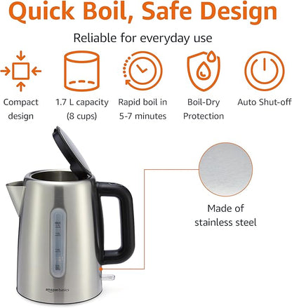 Amazon Basics Electric Stainless Steel Kettle for Tea and Coffee, BPA-Free, Fast Boiling, Auto Shut-Off, 1.8 Quarts, 1500W, Black and Silver
