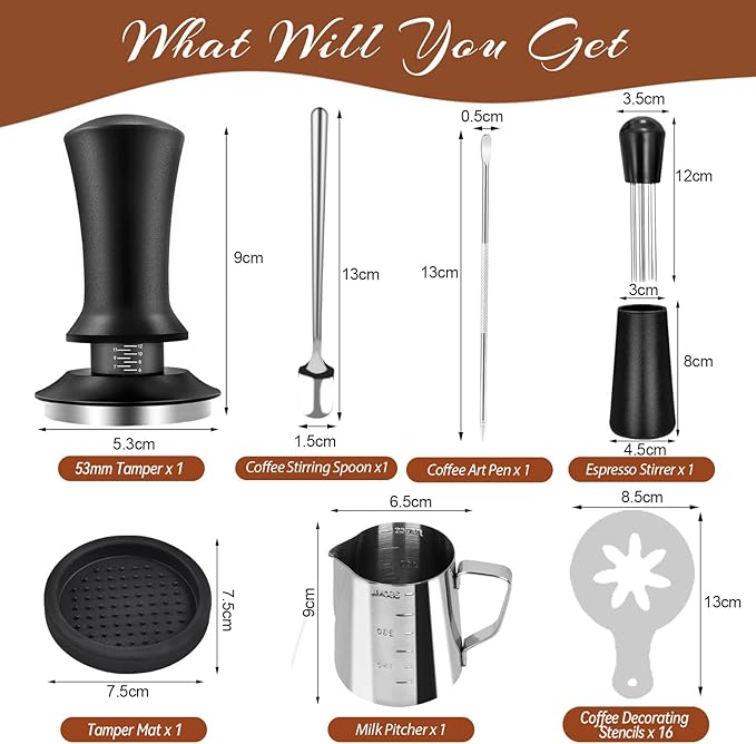 22 PCS Coffee Tamper Set, Espresso Accessories Tampers kit Barista Tools with 51mm Espresso Tamper, WDT Tool, Frothing Pitcher, Coffee Stirrer, Latte Art Pen, Tamper Mat, 16 Coffee Stencils