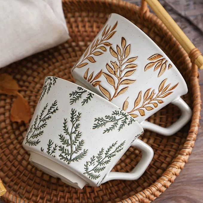Ceramic Mug 1pcs, 11oz - Vintage Coffee Mug, Pottery Cups for Milk, Latte, Cappuccino, Tea - Porcelain Dishwasher, Microwave Safe Stoneware 1 PCS Brown Leaf Cup