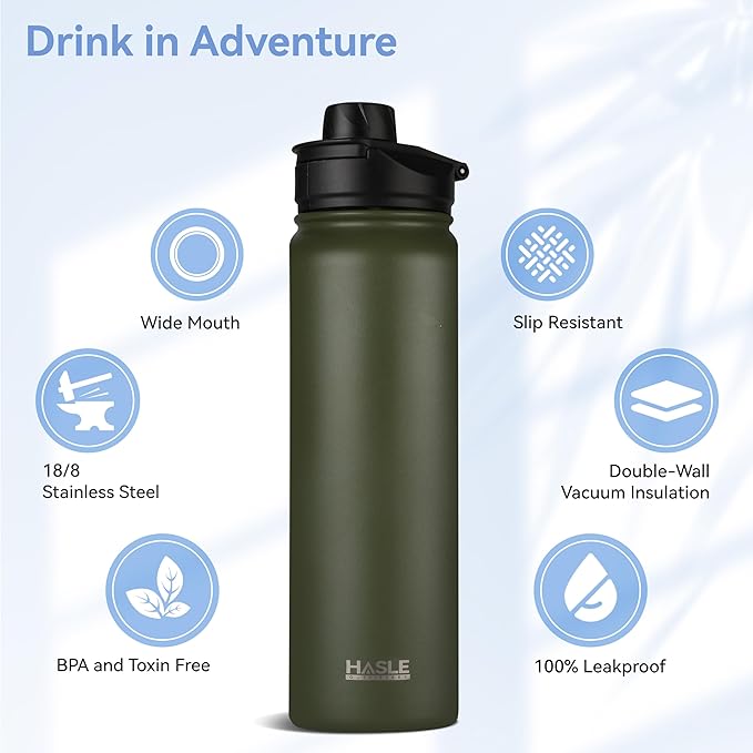 HASLE OUTFITTERS Insulated Water Bottle 22 oz Double Wall Stainless Steel Water Bottle Wide Mouth with Straw Lid & Spout Lid Keeps Cold or Hot(Army Green,4)