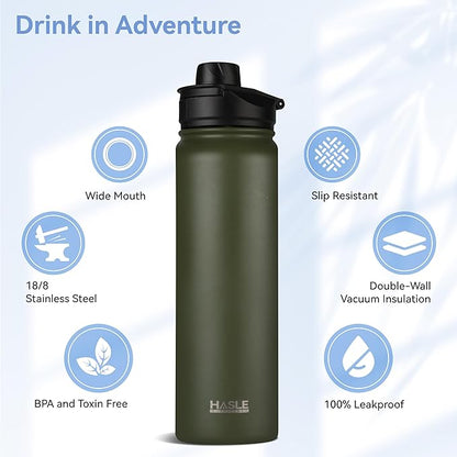 HASLE OUTFITTERS Insulated Water Bottle 22 oz Double Wall Stainless Steel Water Bottle Wide Mouth with Straw Lid & Spout Lid Keeps Cold or Hot(Army Green,8)