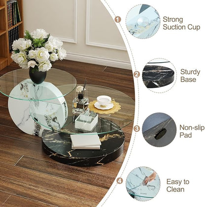 42 Inch Glass Coffee Table，Round Coffee Table with 2-Tier Tempered Glass Tabletop，Easy to Clean Circle Coffee Table with Sturdy Base for Living Room，Office (White & Black Marble Colored Base)