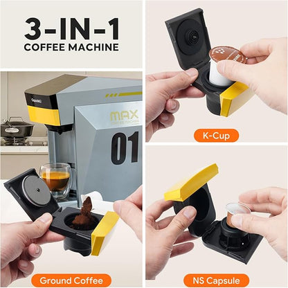 3 in 1 Single Serve Coffee Maker,Fast Brew in 1 minute 19Bar Pump Coffee Machine for K*Cup、NES*press and Ground Coffee,with 27oz Removable Water Reservior,Sliver Espresso Coffee Machine