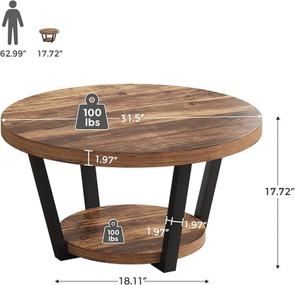 Round Coffee Table with Storage Shelf, 2-Tier Wooden Accent Center Table, Modern Industrial Living Room Furniture, Rustic Brown