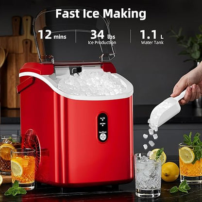 Nugget Countertop Ice Maker with Soft Chewable Pellet Ice, 34Lbs/24H,Pebble Portable Ice Machine with Ice Scoop, Self-Cleaning, One-Click Operation, for Kitchen/Office/Bar, Red