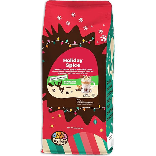 Crazy Cups Flavored Ground Decaf Holiday Coffee, Decaffeinated Holiday Spice Coffee in 10 oz Bag, For Brewing Flavored Hot or Iced Coffee, (Pack of 1)