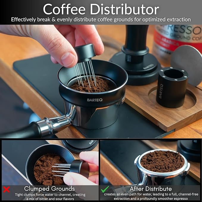 BARTEQ 53.3mm Espresso Accessories Kit, Self Leveling Double Spring Loaded Calibrated Coffee Tamper, Stainless Steel Ripple Base Fits 53mm-53.5mm Portafilters