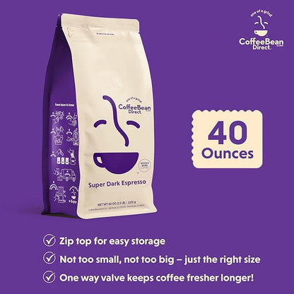 Coffee Bean Direct Super Dark Espresso, Whole Bean Coffee, Very Dark Roast, 2.5 Pound Bag (Pack of 1)