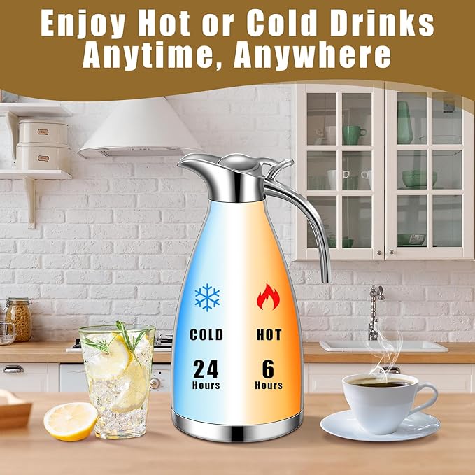 Uiifan 2 Pcs 68 oz Thermal Coffee Carafe Insulated Stainless Steel Coffee Carafe for Hot Liquids Vacuum Thermal Pot Creamer Dispenser with Brushes Keeping Hot Tea Milk Water(Silver)