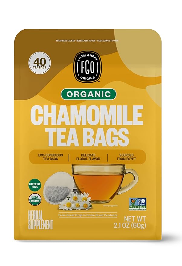 FGO Organic Chamomile Tea, 40 Count, Eco-Conscious Tea Bags, Resealable Bag (Pack of 1)