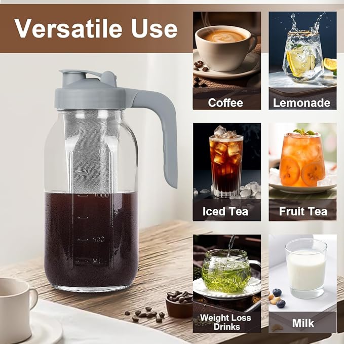 Cold Brew Coffee Maker Pitcher,64 Oz Heavy Duty Glass Mason Jar Pitcher with V-shaped Pour Spout Handle Lid,Stainless Steel Filter for Iced Coffee,Iced tea,Fruit Drinks,lemonade - Gray