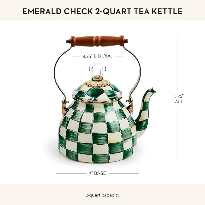 MACKENZIE-CHILDS Enamel Tea Kettle, Stylish Tea Kettle for Stovetop, Green-and-White Emerald Check, 2 Quarts