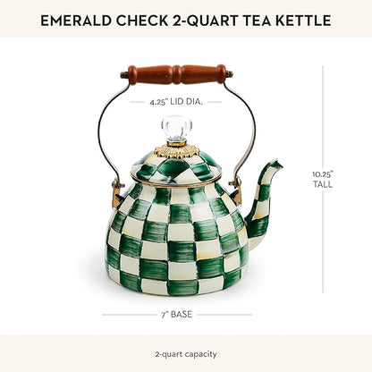 MACKENZIE-CHILDS Enamel Tea Kettle, Stylish Tea Kettle for Stovetop, Green-and-White Emerald Check, 2 Quarts