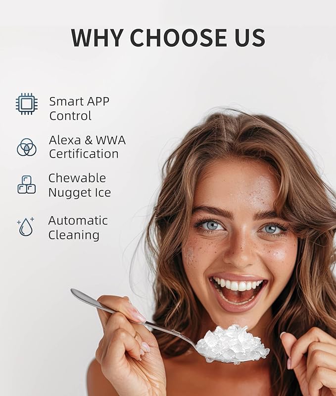 ecozy Nugget Ice Maker Countertop, Smart Portable Crushed Ice Maker with Voice Control, Pellet Chewable Ice 33lbs/24H, Self-Cleaning, with APP WiFi, Timer Function and Status Alerts, Bonus TDS Meter