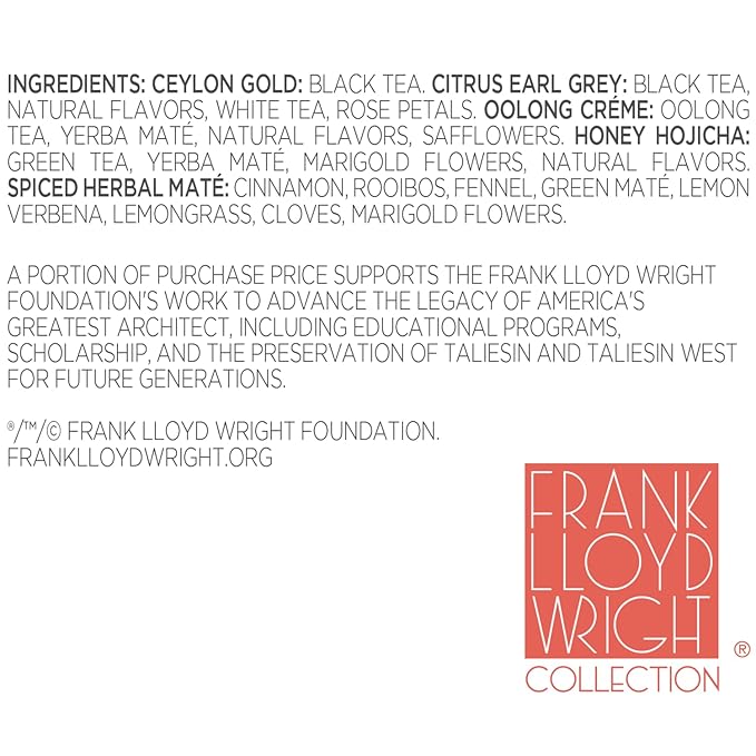 Tea Forte Frank Lloyd Wright Petite Presentation Box Tea Gift Set Sampler, 10 Count, 2 of Each Variety Individually Wrapped Handcrafted Pyramid Infuser Bags