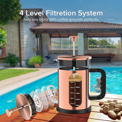 QUQIYSO French Press Coffee Maker 51oz 304 Stainless Steel French Press with 4 Filter, Borosilicate Glass Coffee Press