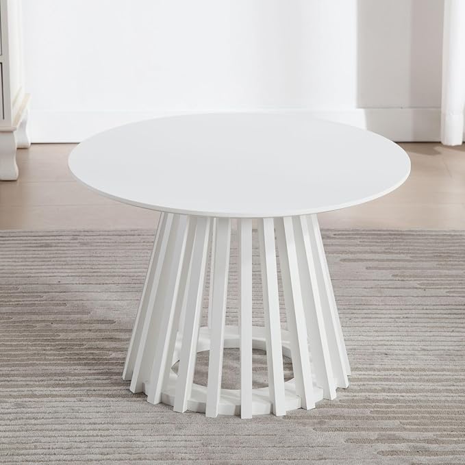 DUOMAY Modern Round Coffee Table with Unique Geometric Base, Sleek White Wood Accent Table for Living Room, Office, Lounge, White