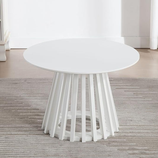 DUOMAY Modern Round Coffee Table with Unique Geometric Base, Sleek White Wood Accent Table for Living Room, Office, Lounge, White