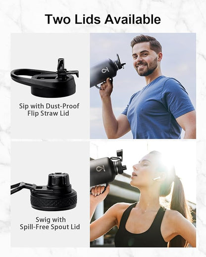 Trebo Half Gallon Water Bottle Insulated with Handle, 64 oz Double Wall Stainless Steel Metal Large Jug, Travel Flask with Straw Spout Lid, Mug Tumbler with Carry Pouch, Keep Cold Hot, Dark Gray