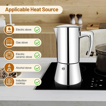 No Coating 12 Cup Thickened 304 Stainless Steel Moka Pot Stovetop Espresso Maker Italian Coffee Machine 600ml 20.3oz Suitable for Gas Induction Stovetop Greca Coffee Maker Percolator