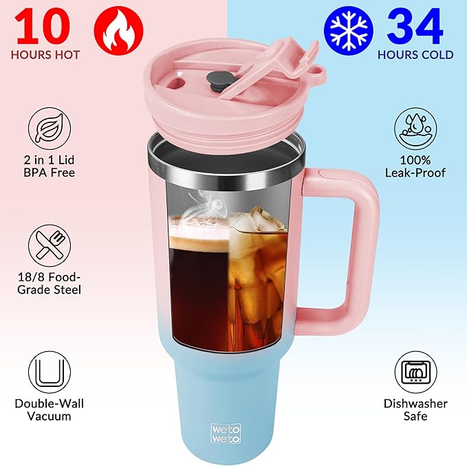 WETOWETO 40oz Tumbler with Handle | Insulated Stainless Steel Travel Mug | 34Hrs Cold & 10Hrs Hot Retention | 100% Leakproof Lid & Straw | Dishwasher Safe + Car Cup Holder Fit (Pink-Blue Gradient)