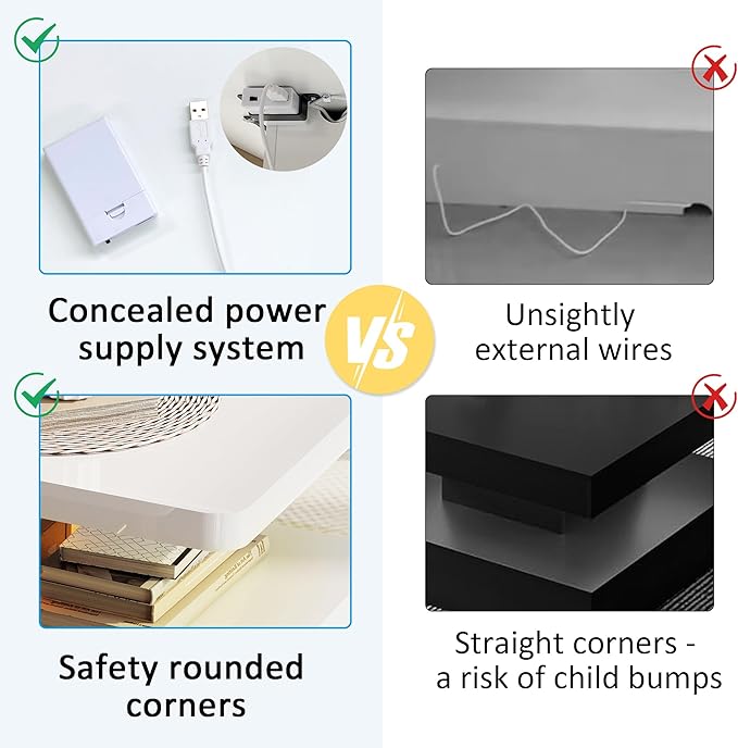 Spurgehom Contemporary Coffee Tables for Living Room, LED Coffee Table with Rounded Corner in 16 Colors, High Gloss 2 Tiers Table with Hidden Power Supply