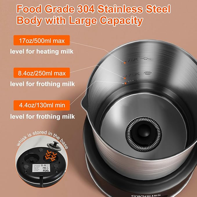 Milk Frother and Steamer, 6-in-1 Electric Milk Frother for Latte Art Coffee，Automatic Hot & Cold Foam Maker and Milk Warmer for Dairy & Plant-based Milk 16.9oz/500ml,Easy to Clean