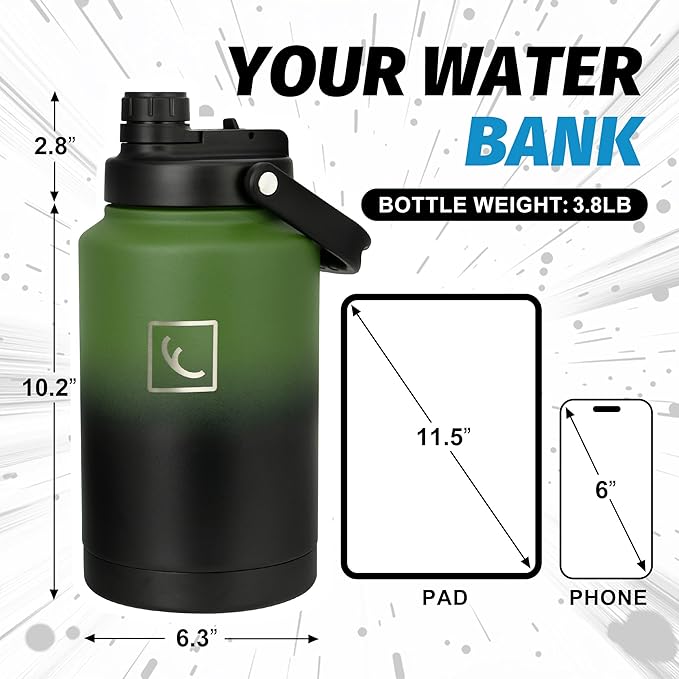 NATURE PIONEOR One Gallon Water Bottle Insulated - Large Double Vacuum Stainless Steel 128 oz Water Bottle with Holder/Carrier, 1 Gallon Water Jug 2 in 1 LID, Flip Straw and Spout, Wide Mouth