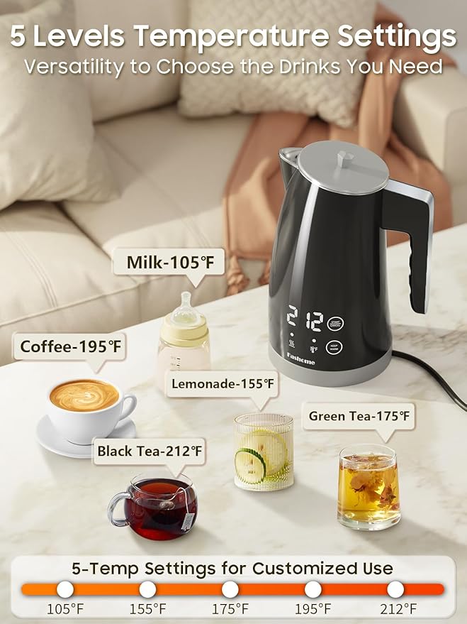 Temperature Control Electric Kettle, 5 Temp Presets, 2H Keep Warm, 1.25L 1200W Fast Boil with LED Display, Cool-Touch Design with Auto Shut-Off, Cordless Design (Gray)