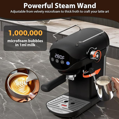 Espresso Machine with Steam Milk Frother Semi Automatic 20 Bar Compact Black with Touch Screen for home Cafetera Espresso, Latte, Cappuccino, Americano, Macchiato