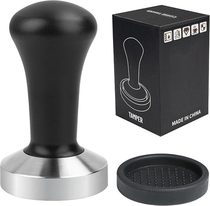 53mm Black Coffee Tamper Espresso Press with Small Mat 304 Stainless Steel Base Aluminum Handle Barista Tool