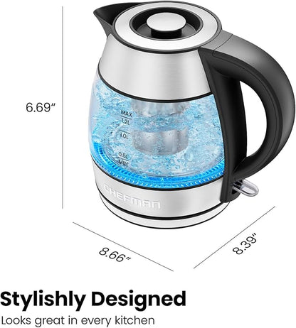 CHEFMAN Electric Kettle - 1.2L 1500W Hot Water Tea Pot with Infuser, BPA Free, Auto Shut Off, Boil-Dry Protection, Removable Lid, LED Light, Cordless Glass Electric Tea Kettle – Stainless Steel