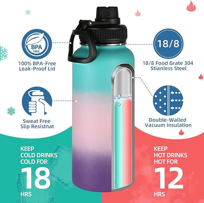 Volhoply 32oz Insulated Water Bottles Bulk 4 Pack with Straw Lid&Spout Lid,Stainless Steel Sports Water Bottle,Double Wall Vacuum Cups,Leakproof Wide Mouth Metal Flask for Travel(Gradient Color,4)