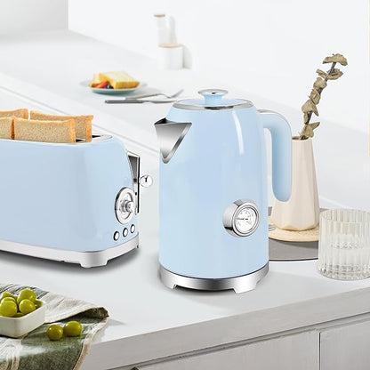 SUSTEAS Electric Kettle - 57oz Hot Tea Kettle Water Boiler with Thermometer, 1500W Fast Heating Stainless Steel Tea Pot, Cordless with LED Indicator, Auto Shut-Off & Boil Dry Protection, Blue