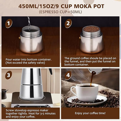 Stovetop Espresso Maker, 9 cup Moka Pot, Italian Coffee Maker Percolator, Stainless Steel Espresso Pots, 450ml/15oz(Espresso Cup=50ml/1.7oz) Coffee Pot Cafe Maker for Induction Cookers, Hobs