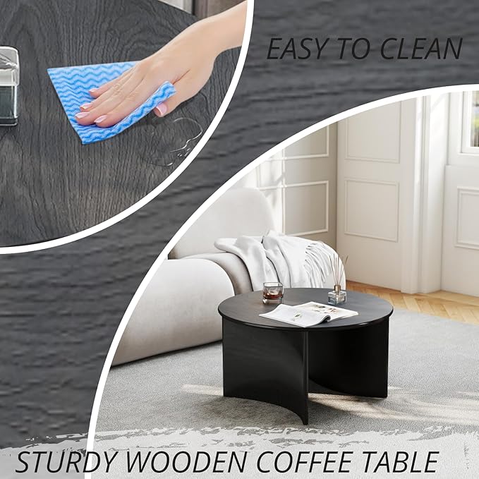 31.5'' Round Coffee Table, Black Circle Coffee Table with Curved Base, Solid Wood, Ideal for Living Room, Apartment, Compact Place