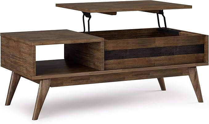 SIMPLIHOME Clarkson Lift Top Coffee Table - 48 inch Wide Solid Acacia Wood Mid-Century Cocktail Table in Rustic Natural Aged Brown, Stylish Living Room Table with Storage Compartment and Open Shelf
