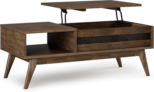 SIMPLIHOME Clarkson Lift Top Coffee Table - 48 inch Wide Solid Acacia Wood Mid-Century Cocktail Table in Rustic Natural Aged Brown, Stylish Living Room Table with Storage Compartment and Open Shelf