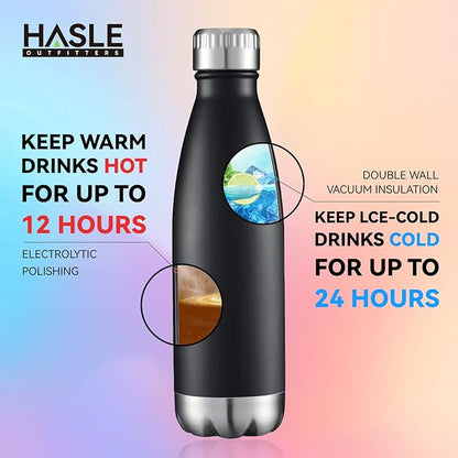 HASLE OUTFITTERS 17oz Stainless Steel Water Bottles Bulk, Vacuum Insulated Water Bottles Double Walled Reusable Metal Sports Water Bottles Keep Drinks Hot and Cold, Black, 4Packs