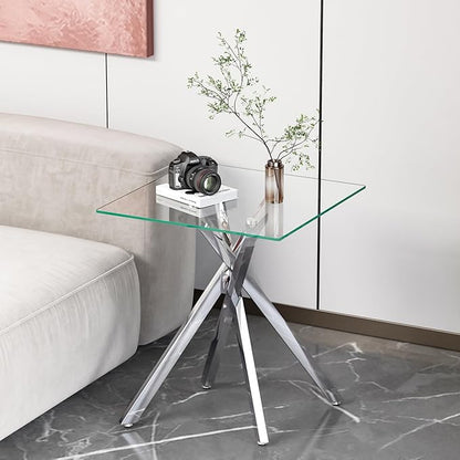 Silver Glass Coffee Table Set of 3 Modern End Table Living Room Side Table, Geometric Metal Legs 47.2 Inch Clear Rectangle Center Cocktail Tables, Chrome Silver