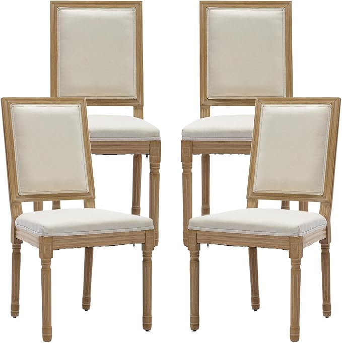 French Country Dining Chairs Set of 4, Beige Square Back Dining Chairs with Linen Upholstered Seat, Solid Wood Legs, Farmhouse Kitchen & Dining Room Chairs, Sillas De Comedor (Beige, 4Pcs)
